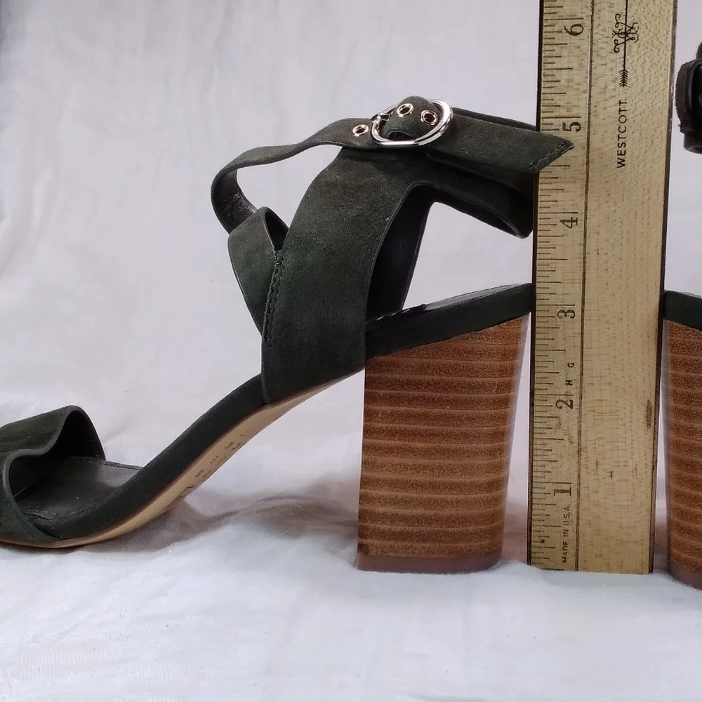 White House Black Market Marlo Olive Suede SANDALS Womens Size 6.5M Chunky Heels - Picture 8 of 12